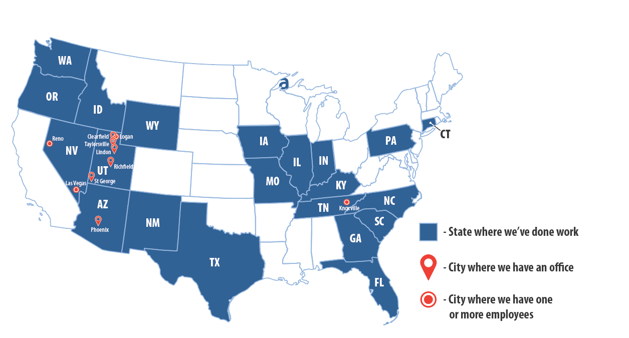 Map showing states where Avenue has completed work and cities where Avenue has offices or employees.